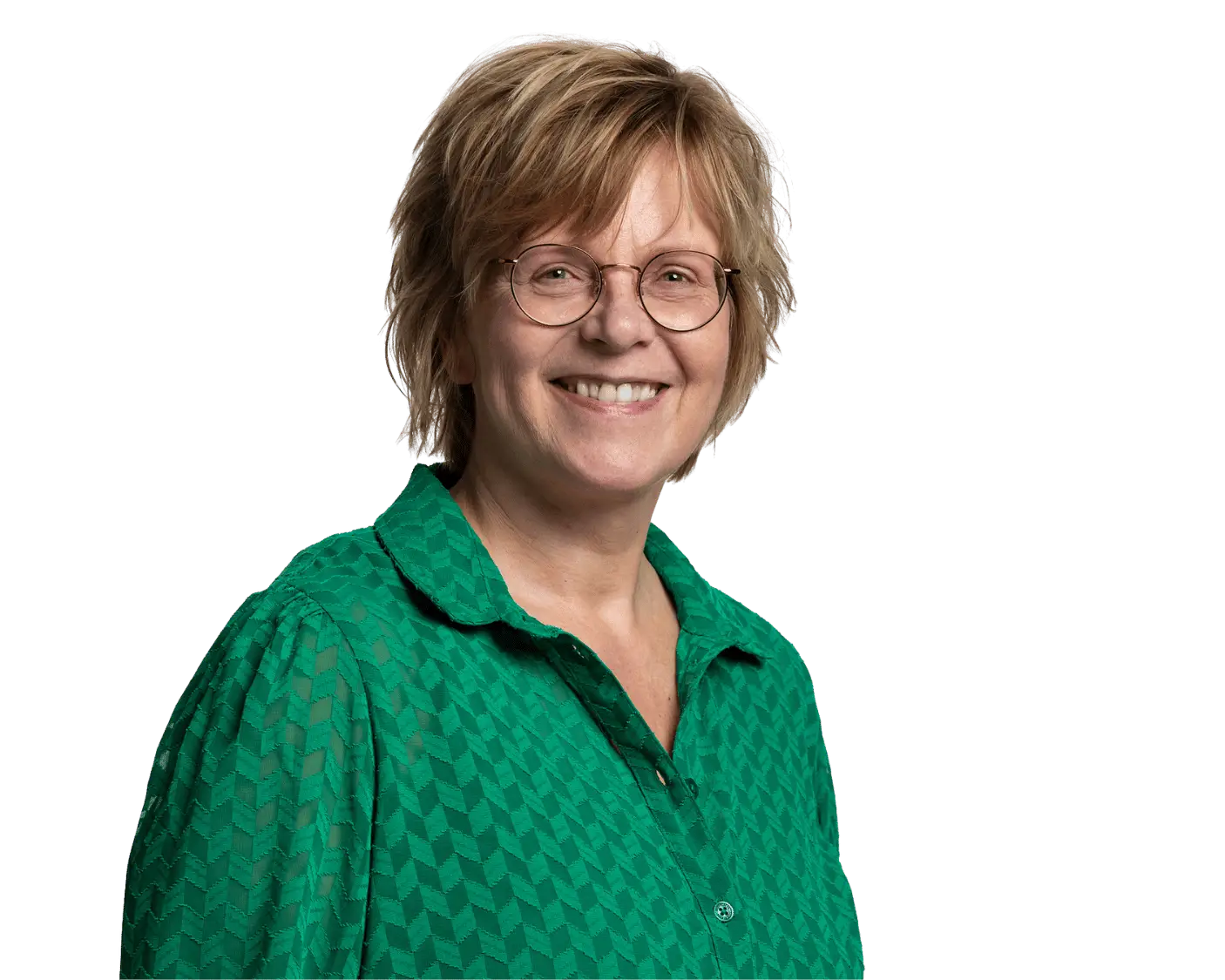 Woman in green patterned blouse.